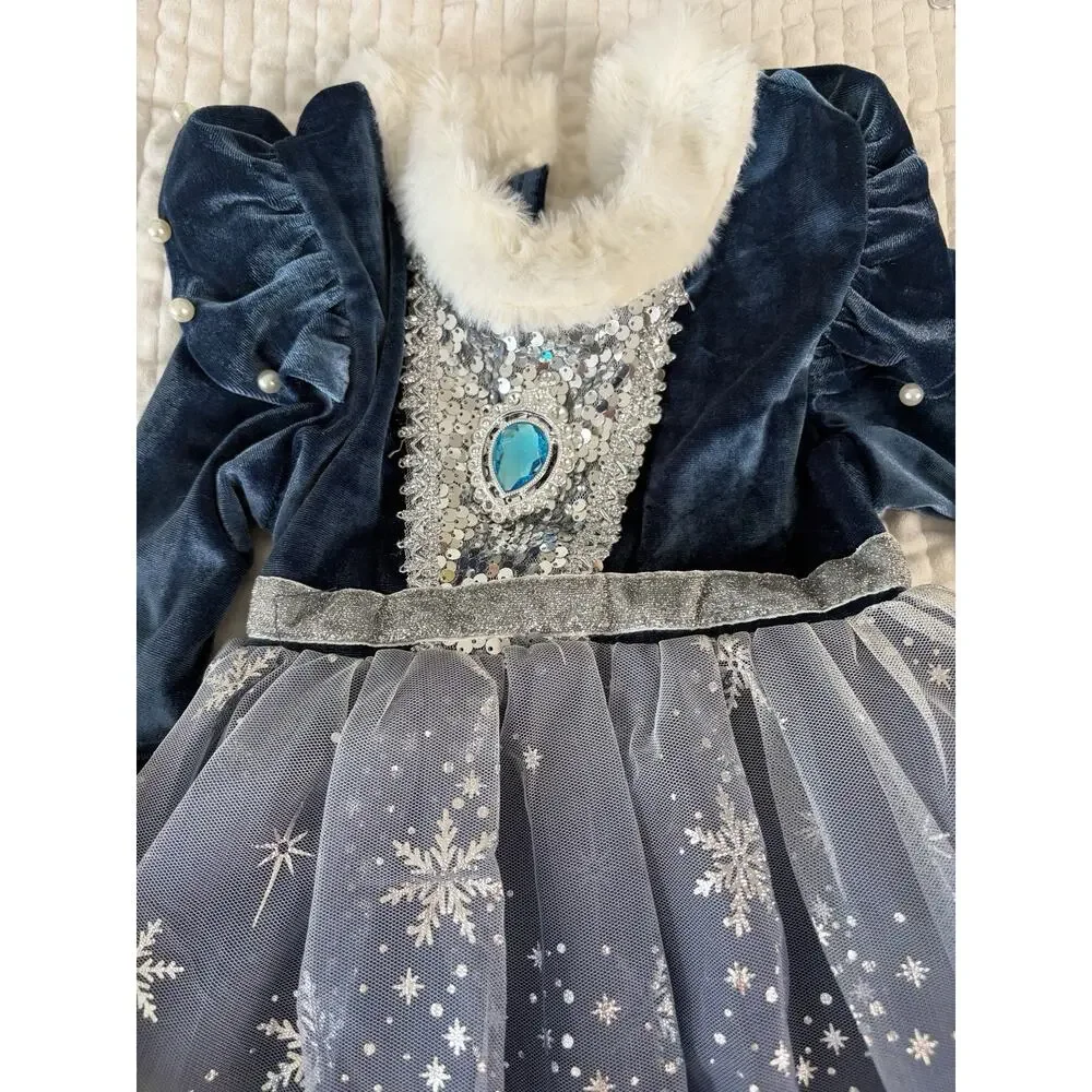 Fuyimei Girls 110 4-5T Ice Snow Princess Costume Dress Tiara Wand Braid Set